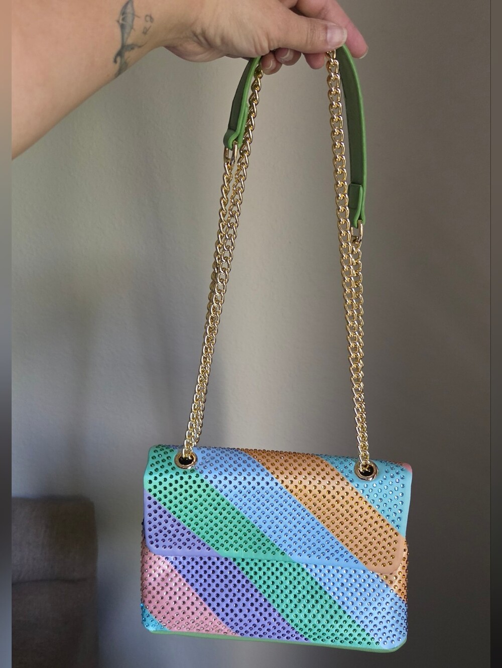 Green Multicolor Studded Shoulder Bag with Gold Chain Strap & Wallet Set New